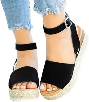 Espadrilles Wedges for Women,Casual Espadrille Platform Sandals Comfort Open Toe Ankle Strappy Studded Flatform Sandal Shoes