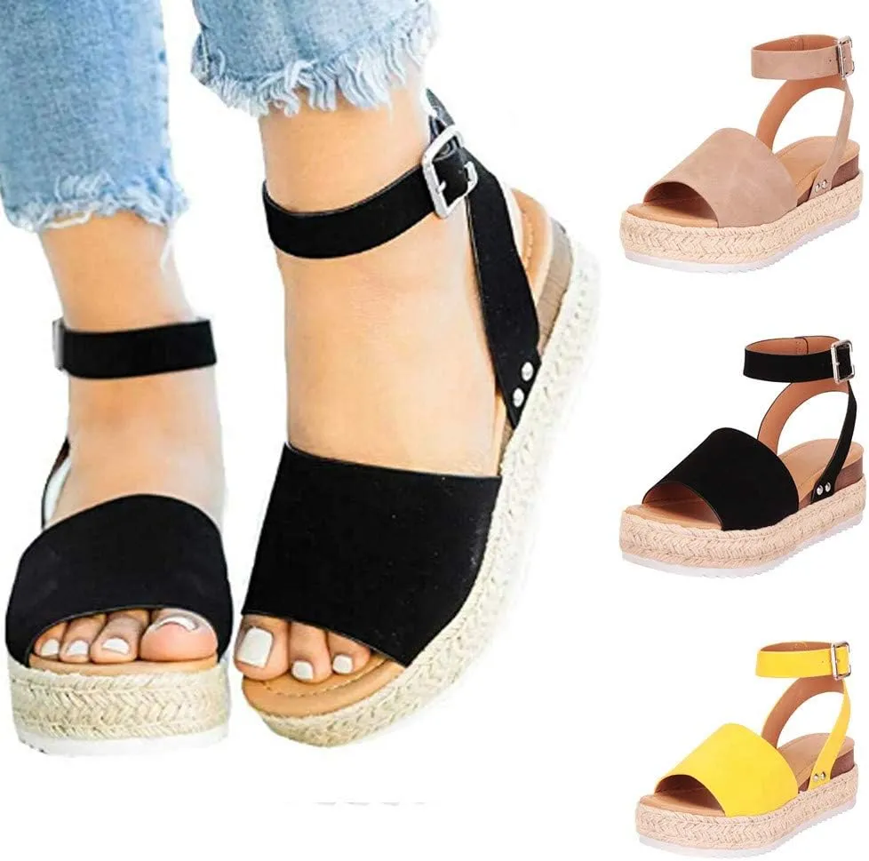 Espadrilles Wedges for Women,Casual Espadrille Platform Sandals Comfort Open Toe Ankle Strappy Studded Flatform Sandal Shoes