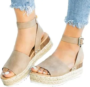 Espadrilles Wedges for Women,Casual Espadrille Platform Sandals Comfort Open Toe Ankle Strappy Studded Flatform Sandal Shoes