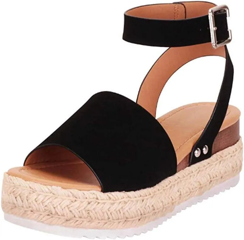 Espadrilles Wedges for Women,Casual Espadrille Platform Sandals Comfort Open Toe Ankle Strappy Studded Flatform Sandal Shoes