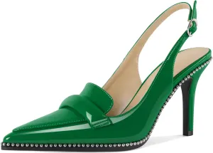 Esvowido Women 3.5" Slingback High Heel Pumps Stilettos Beaded Pointed Toe Shoes Slip On Loafers Pumps Patent Leather High Heel Shoes for Women