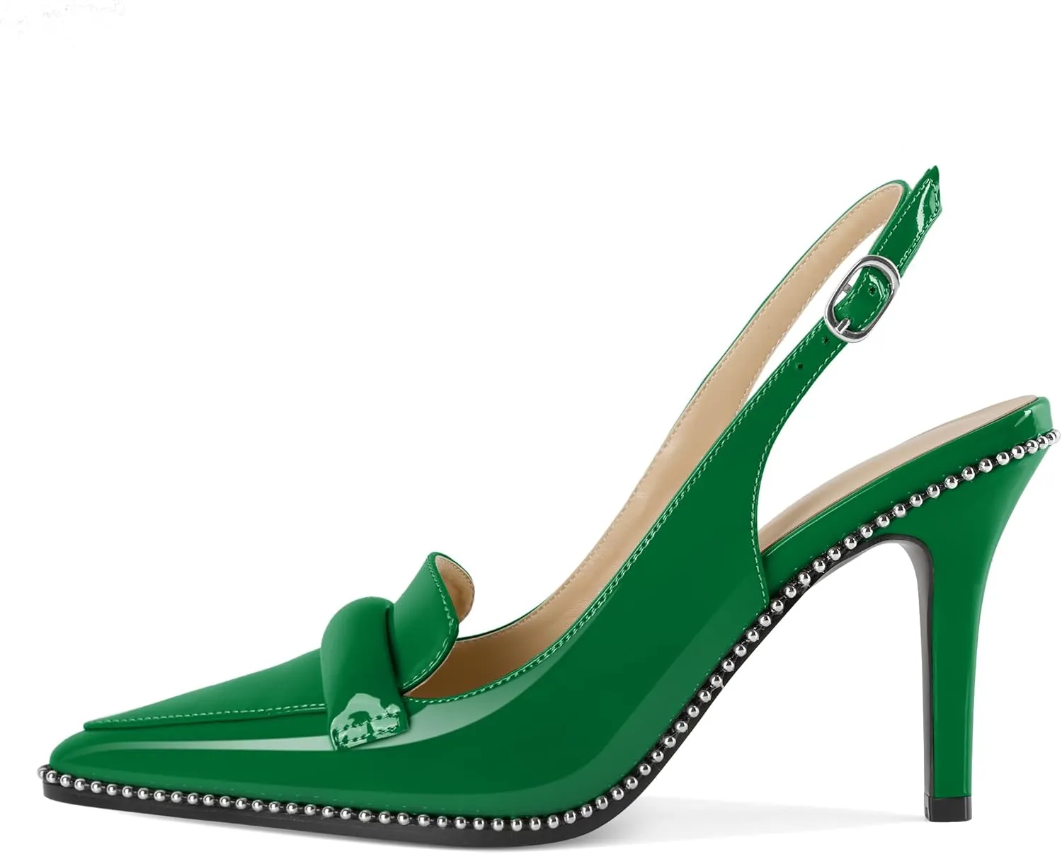 Esvowido Women 3.5" Slingback High Heel Pumps Stilettos Beaded Pointed Toe Shoes Slip On Loafers Pumps Patent Leather High Heel Shoes for Women
