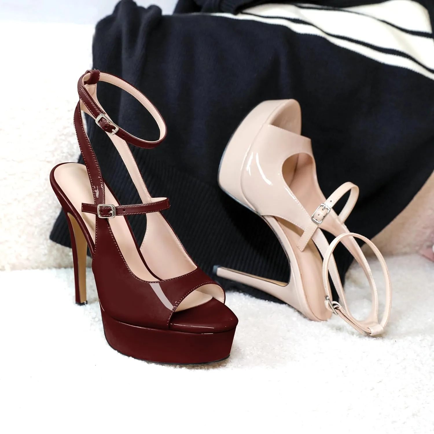 Esvowido Women's Peep Toe High Heels Platform Stilettos Ankle Strap Heeled Sandals Strappy Dress Shoes 5 Inch Wedding Party Dress Shoes