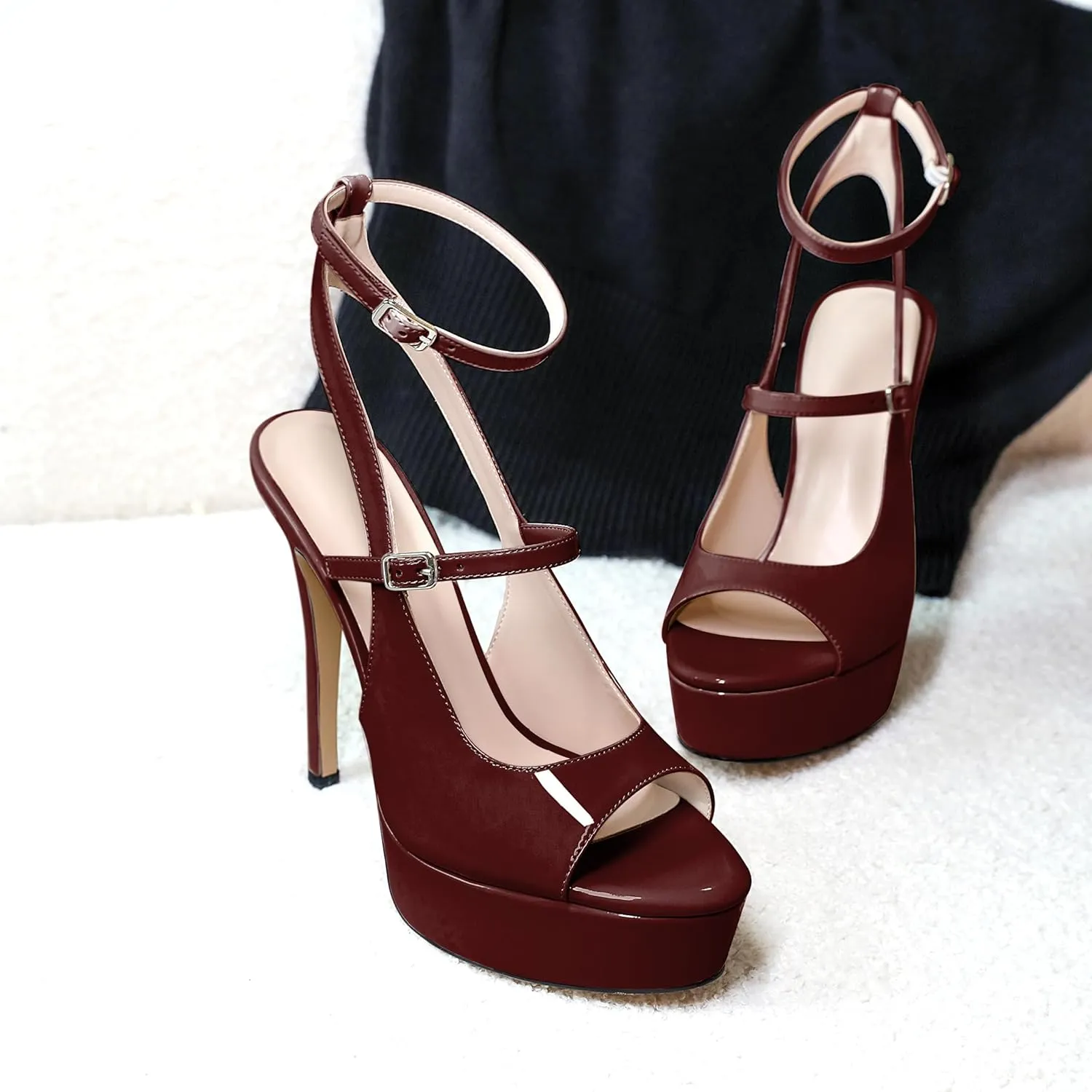 Esvowido Women's Peep Toe High Heels Platform Stilettos Ankle Strap Heeled Sandals Strappy Dress Shoes 5 Inch Wedding Party Dress Shoes
