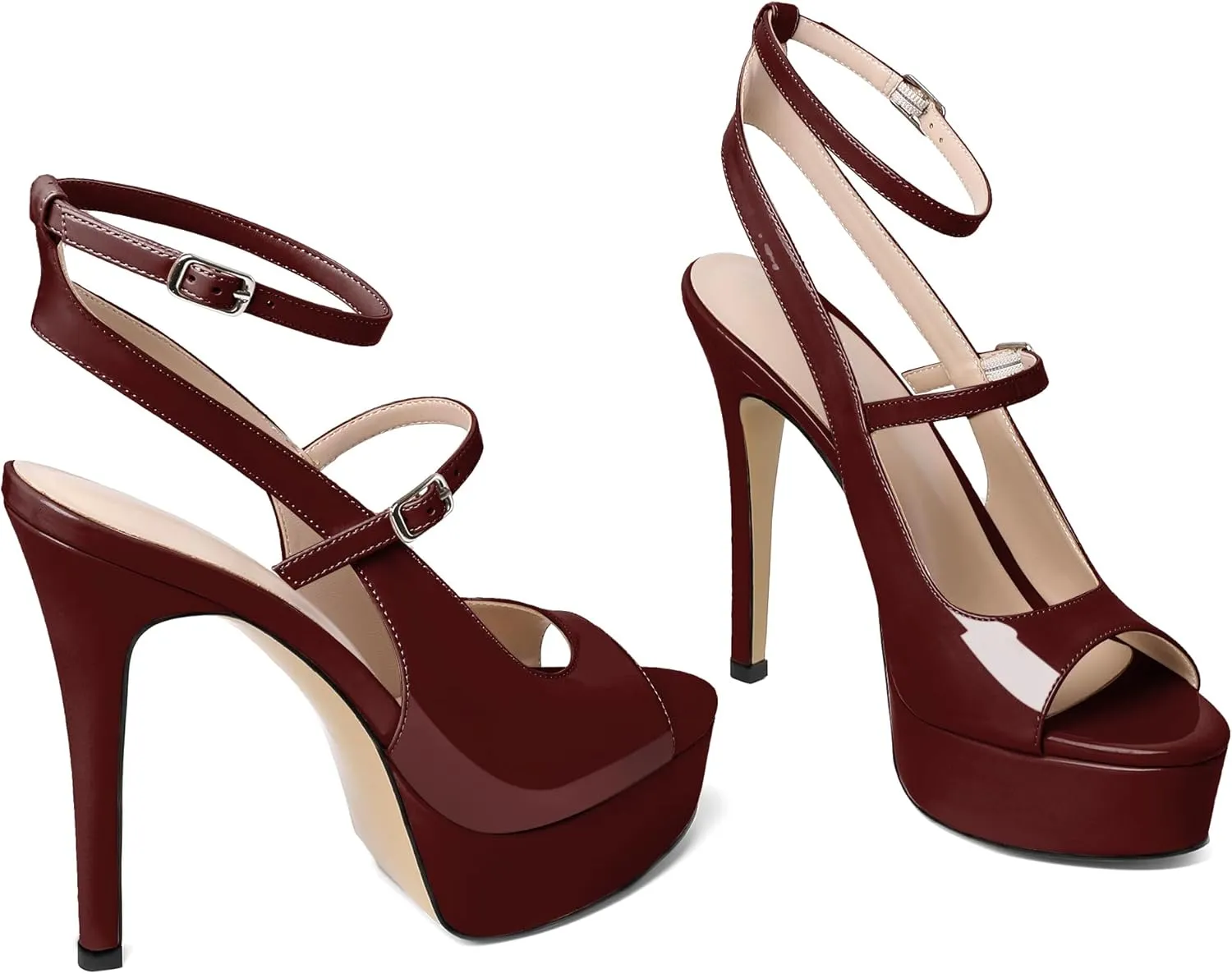 Esvowido Women's Peep Toe High Heels Platform Stilettos Ankle Strap Heeled Sandals Strappy Dress Shoes 5 Inch Wedding Party Dress Shoes