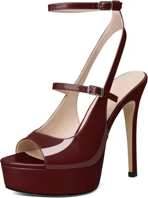 Esvowido Women's Peep Toe High Heels Platform Stilettos Ankle Strap Heeled Sandals Strappy Dress Shoes 5 Inch Wedding Party Dress Shoes
