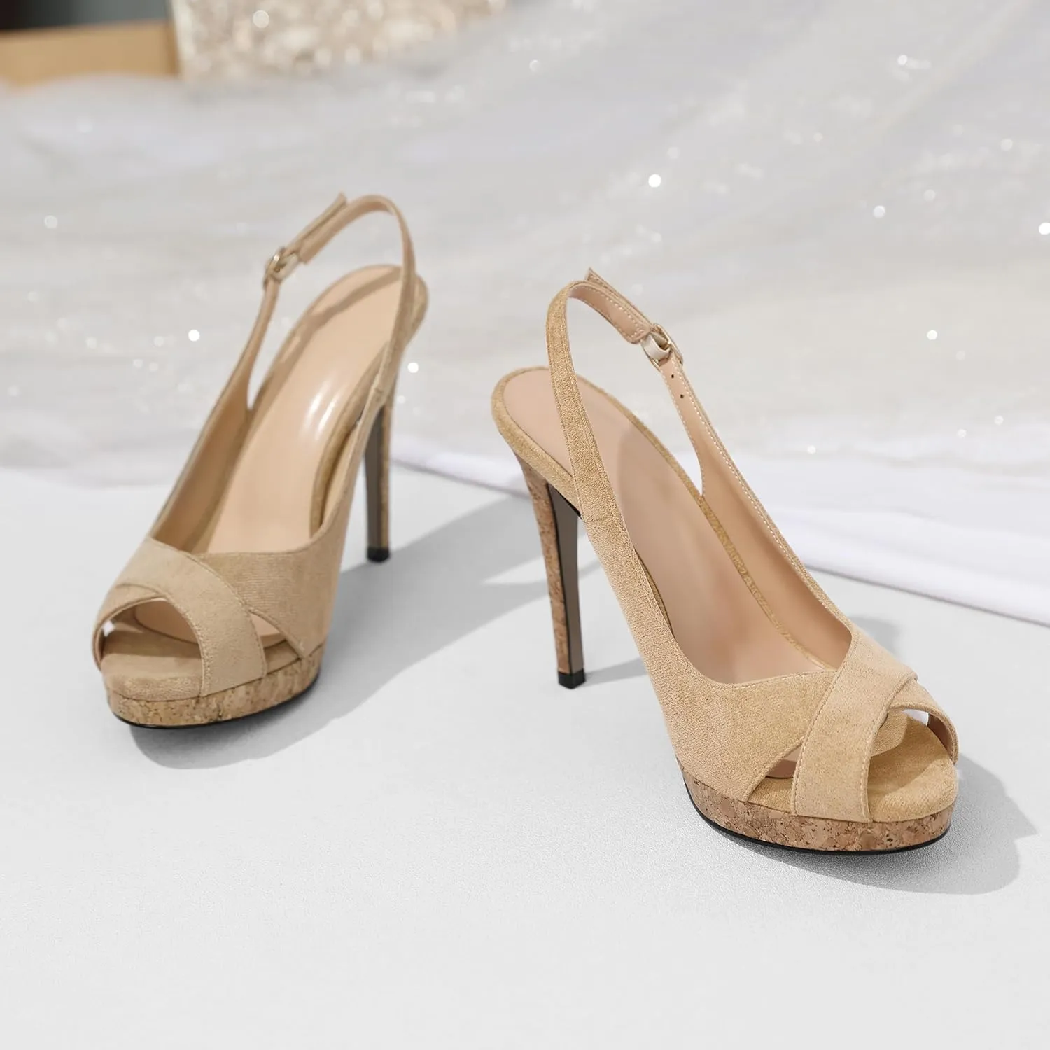 Esvowido Women's Peep Toe High Heels Slingback Cork Heel Platform Stilettos Heeled Sandals Wedding Party Dress Shoes