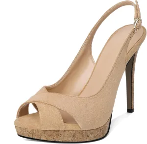 Esvowido Women's Peep Toe High Heels Slingback Cork Heel Platform Stilettos Heeled Sandals Wedding Party Dress Shoes
