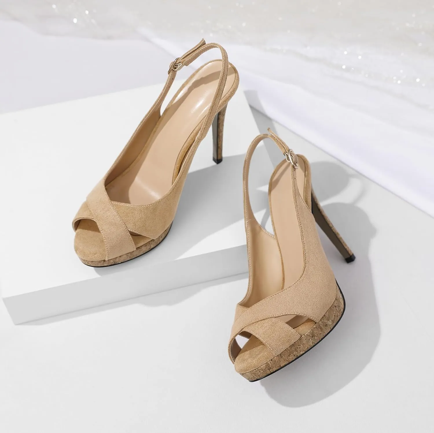 Esvowido Women's Peep Toe High Heels Slingback Cork Heel Platform Stilettos Heeled Sandals Wedding Party Dress Shoes