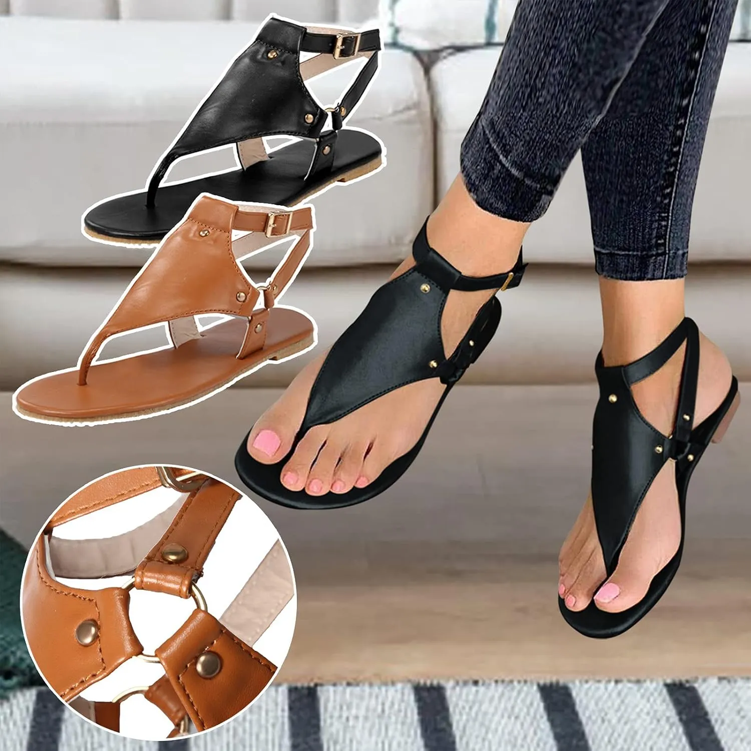 FABIURT Sandals for Women Roman Sandals Slip-On Ankle Strap Flip Flop Open Toe Casual Summer Beach Gladiator Flat Sandal