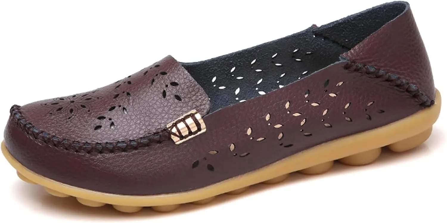 Flats for Women 2025 Round Toe Cushion Slip-On Shoes Lightweight Cutout Breathable Leather Loafers Fashion Driving Flats Shoes Summer Casual Walking Sandals