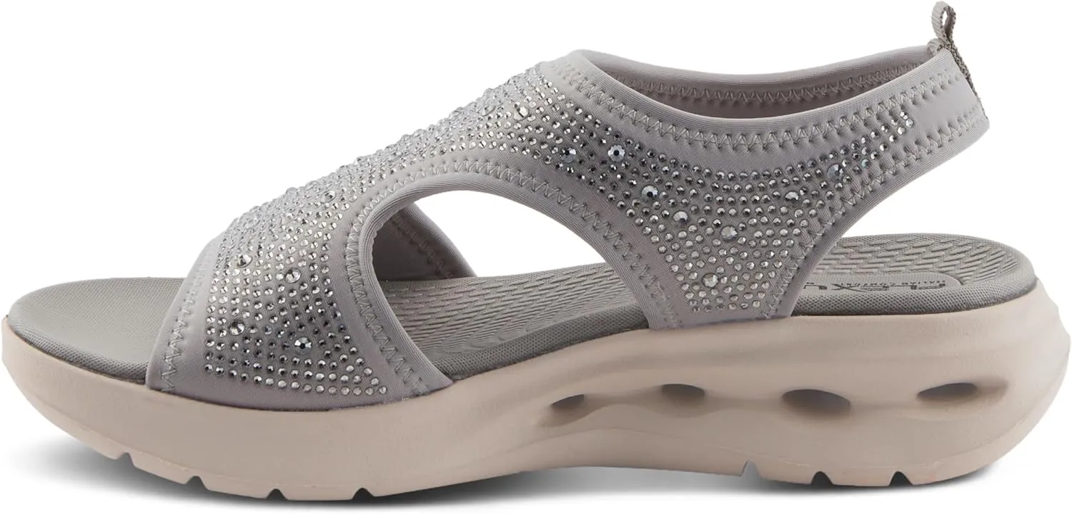 Flexus Women's GOSSELIN Rhinestone Ankle Strap Sandals – Sporty Lycra Slingback with Cushioned Footbed and Arch Support