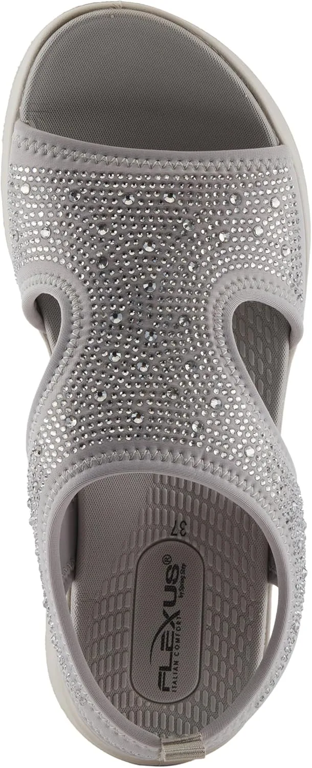 Flexus Women's GOSSELIN Rhinestone Ankle Strap Sandals – Sporty Lycra Slingback with Cushioned Footbed and Arch Support