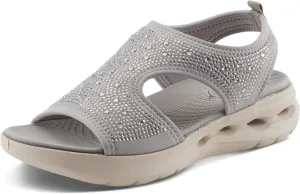 Flexus Women's GOSSELIN Rhinestone Ankle Strap Sandals – Sporty Lycra Slingback with Cushioned Footbed and Arch Support