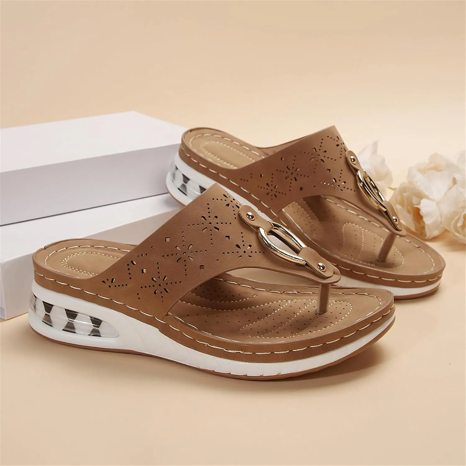 Flip Flops with Arch Support for Women Breathable Slip On Open Toe Orthopedic Wedge Sandals Comfort Platform Sandals