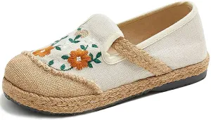 Floral Embroidered Flats Shoes for Women Ladies Casual Low Heels Wedge Closed Round Toe Breathable Dressy Slip On Loafers Comfort Ballet Dress Shoes for Work Nurse