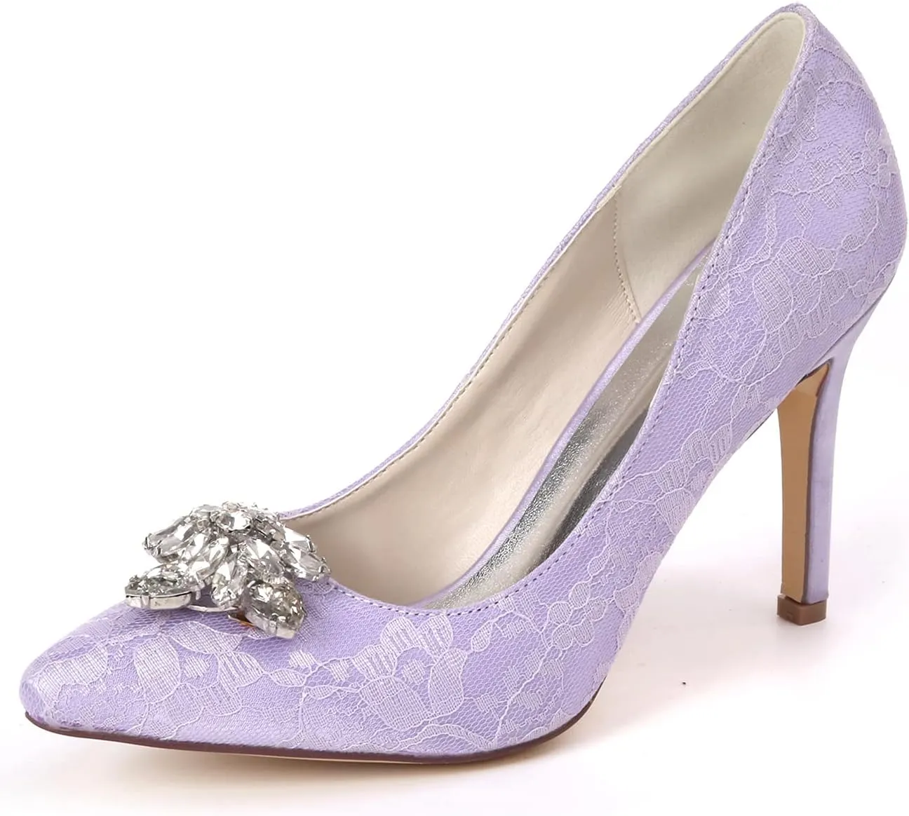 FufoneUS Wedding Bridal Shoes Women Pointed Toe Stiletto Heel Evening Party Pump Shoes with Rhinestone Buckle,Light Purple,6
