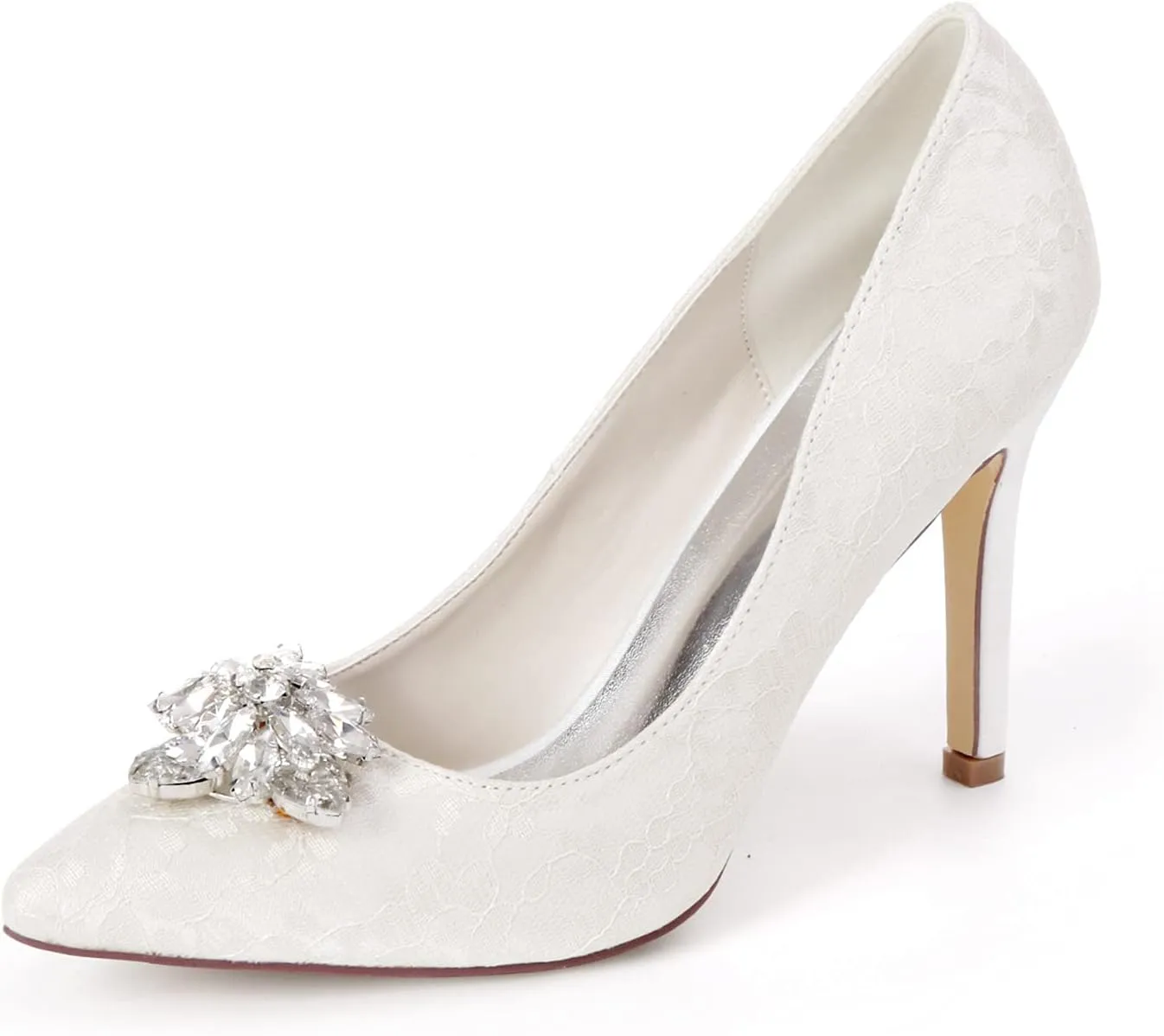 FufoneUS Wedding Bridal Shoes Women Pointed Toe Stiletto Heel Evening Party Pump Shoes with Rhinestone Buckle,White,12