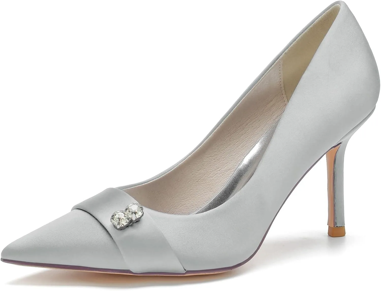 FufoneUS Women's Bridal Shoes Closed Toe 3.35" Stiletto Heel Lace Satin Pumps Evening Wedding Heels,Silver,10