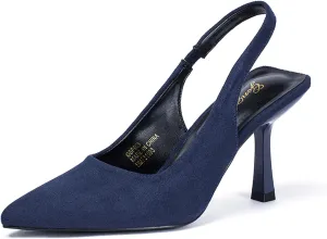 GENSHUO Women's Slingback High Kitten Heels Closed Pointed Toe Wedding Party Dress Pumps Shoes Navy Blue Size 11