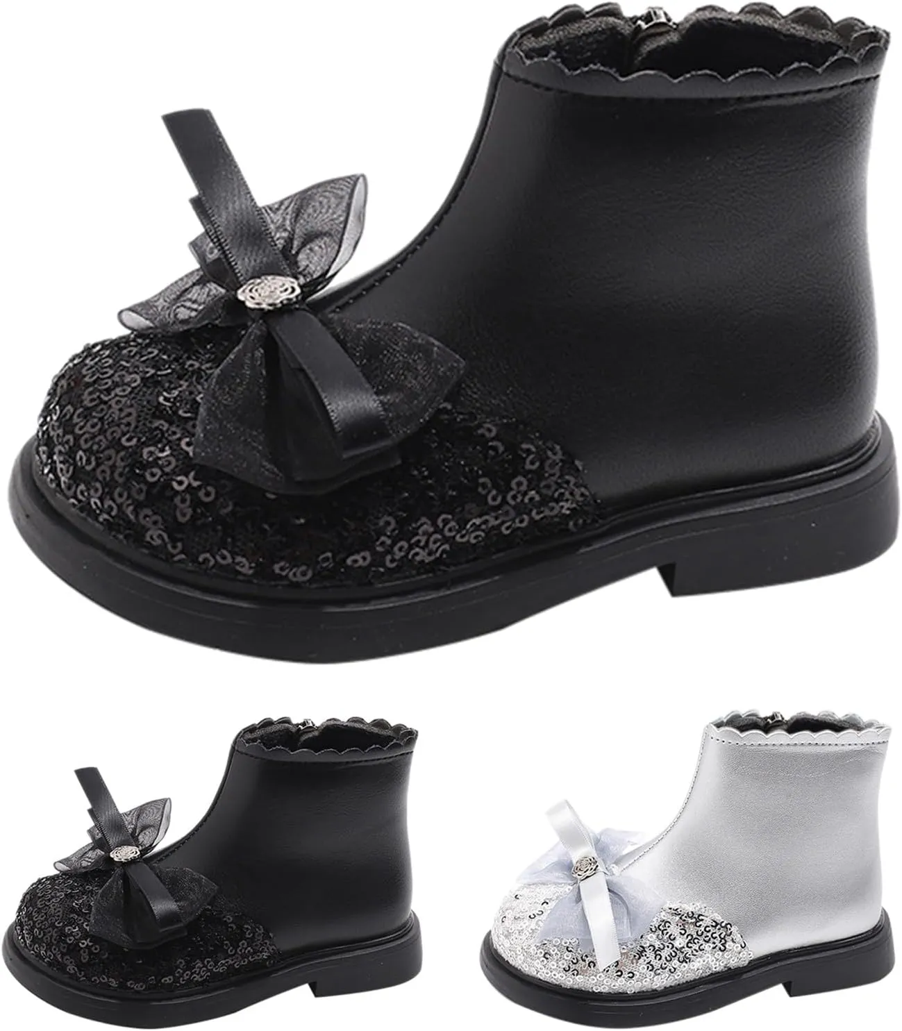 Girls Sequin Bowknot Ankle Boot Low Heel Lightweight Comfy Soft Princess Birthday Dress Shoes Classic Hiking Boots