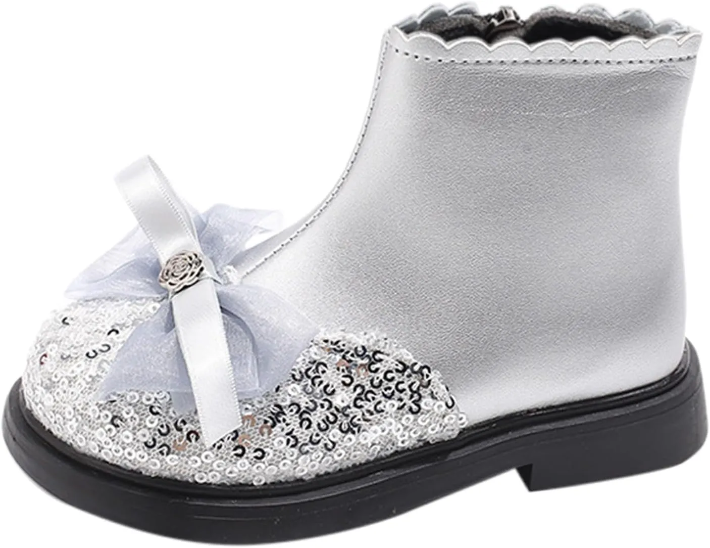 Girls Sequin Bowknot Ankle Boot Low Heel Lightweight Comfy Soft Princess Birthday Dress Shoes Classic Hiking Boots