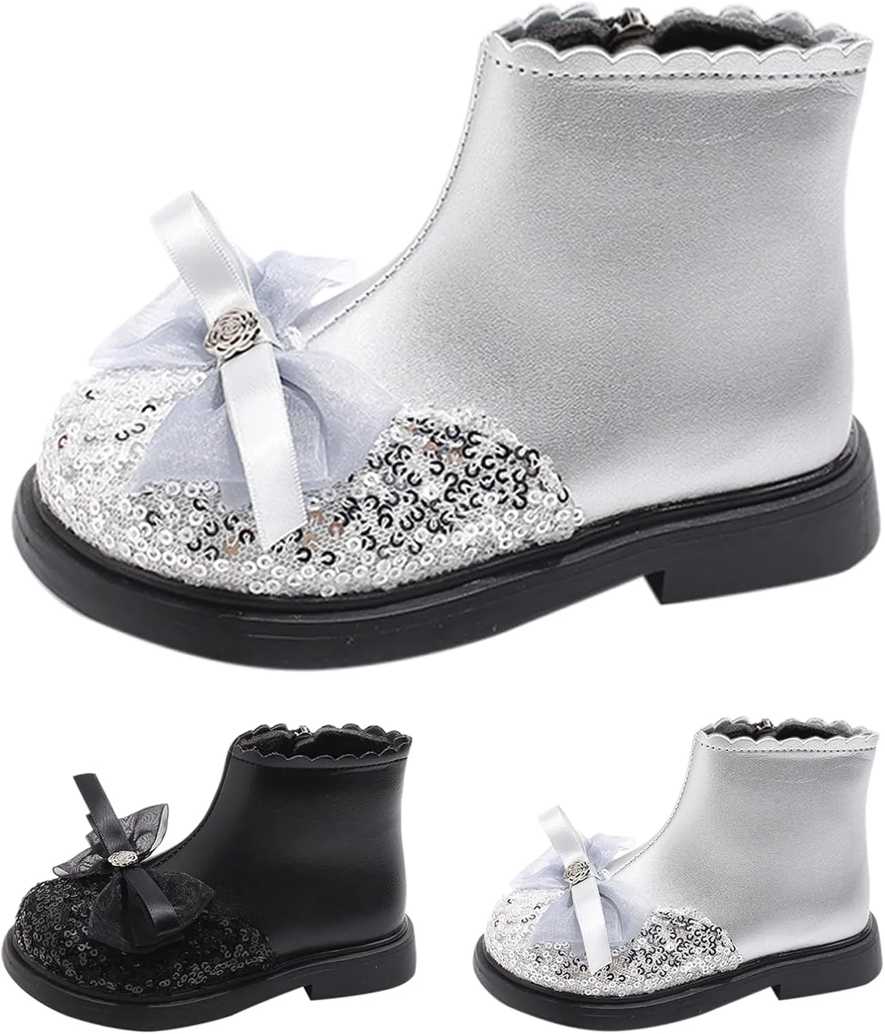 Girls Sequin Bowknot Ankle Boot Low Heel Lightweight Comfy Soft Princess Birthday Dress Shoes Classic Hiking Boots