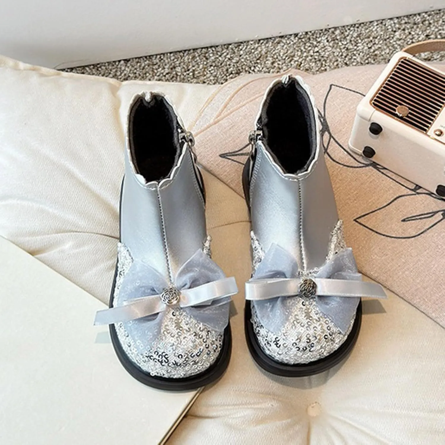 Girls Sequin Bowknot Ankle Boot Low Heel Lightweight Comfy Soft Princess Birthday Dress Shoes Classic Hiking Boots