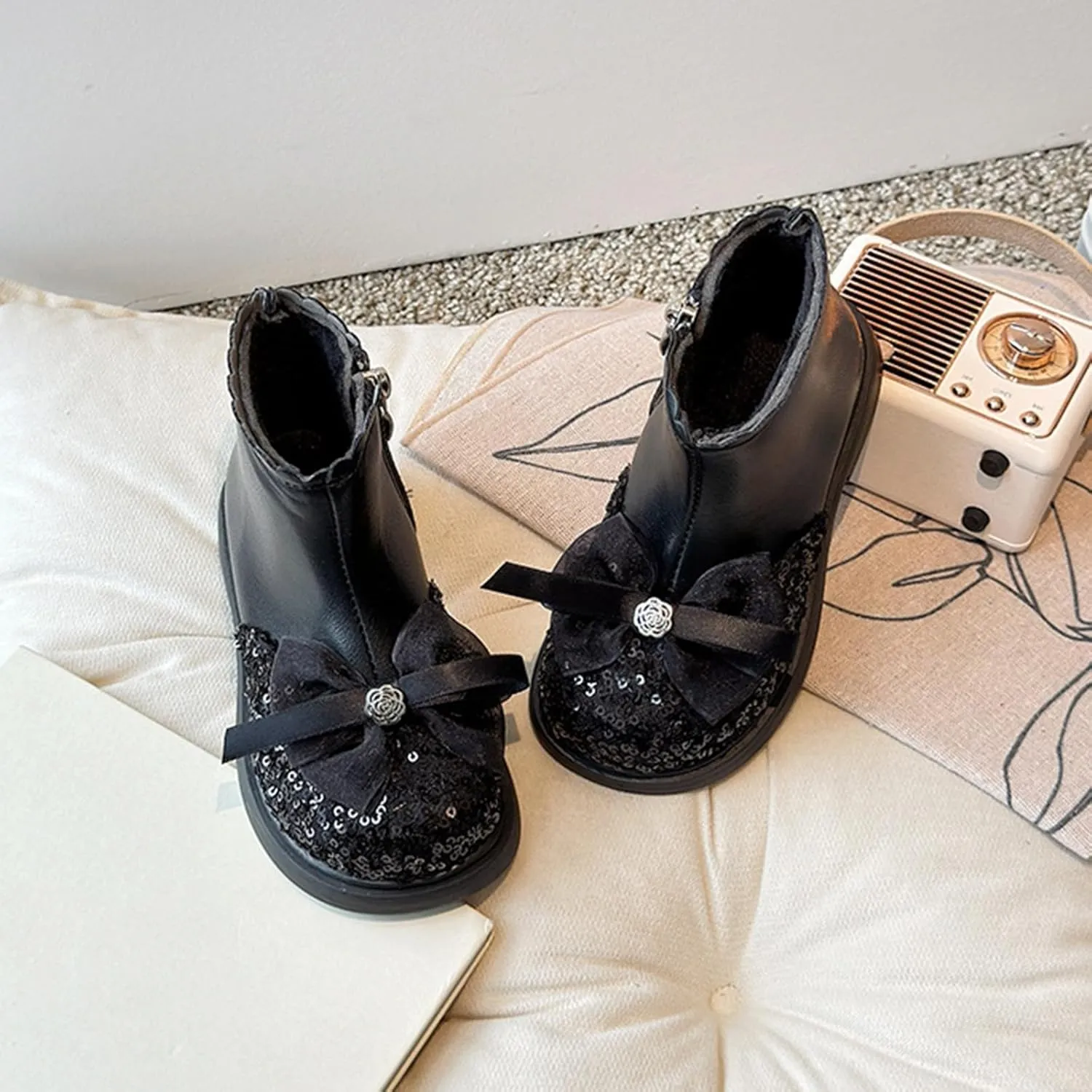 Girls Sequin Bowknot Ankle Boot Low Heel Lightweight Comfy Soft Princess Birthday Dress Shoes Classic Hiking Boots