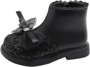 Girls Sequin Bowknot Ankle Boot Low Heel Lightweight Comfy Soft Princess Birthday Dress Shoes Classic Hiking Boots