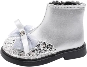 Girls Sequin Bowknot Ankle Boot Low Heel Lightweight Comfy Soft Princess Birthday Dress Shoes Classic Hiking Boots