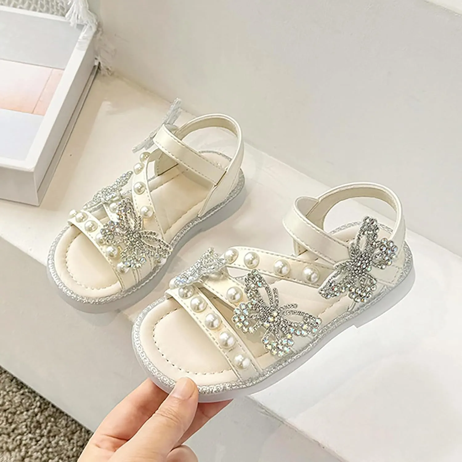 Girls T-Strap Beaded Flower Rhinestone Flats Sandals Cute Butterfly Dress Shoes Pearl Crystal Boho Beach Shoes