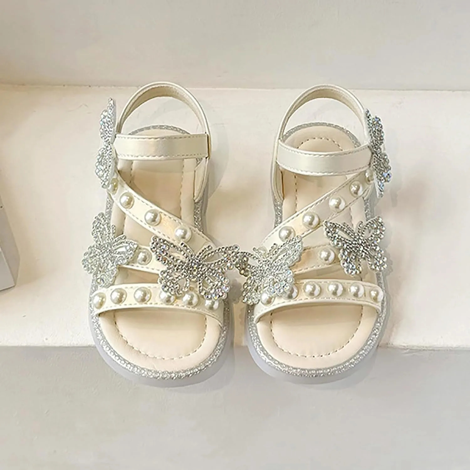 Girls T-Strap Beaded Flower Rhinestone Flats Sandals Cute Butterfly Dress Shoes Pearl Crystal Boho Beach Shoes