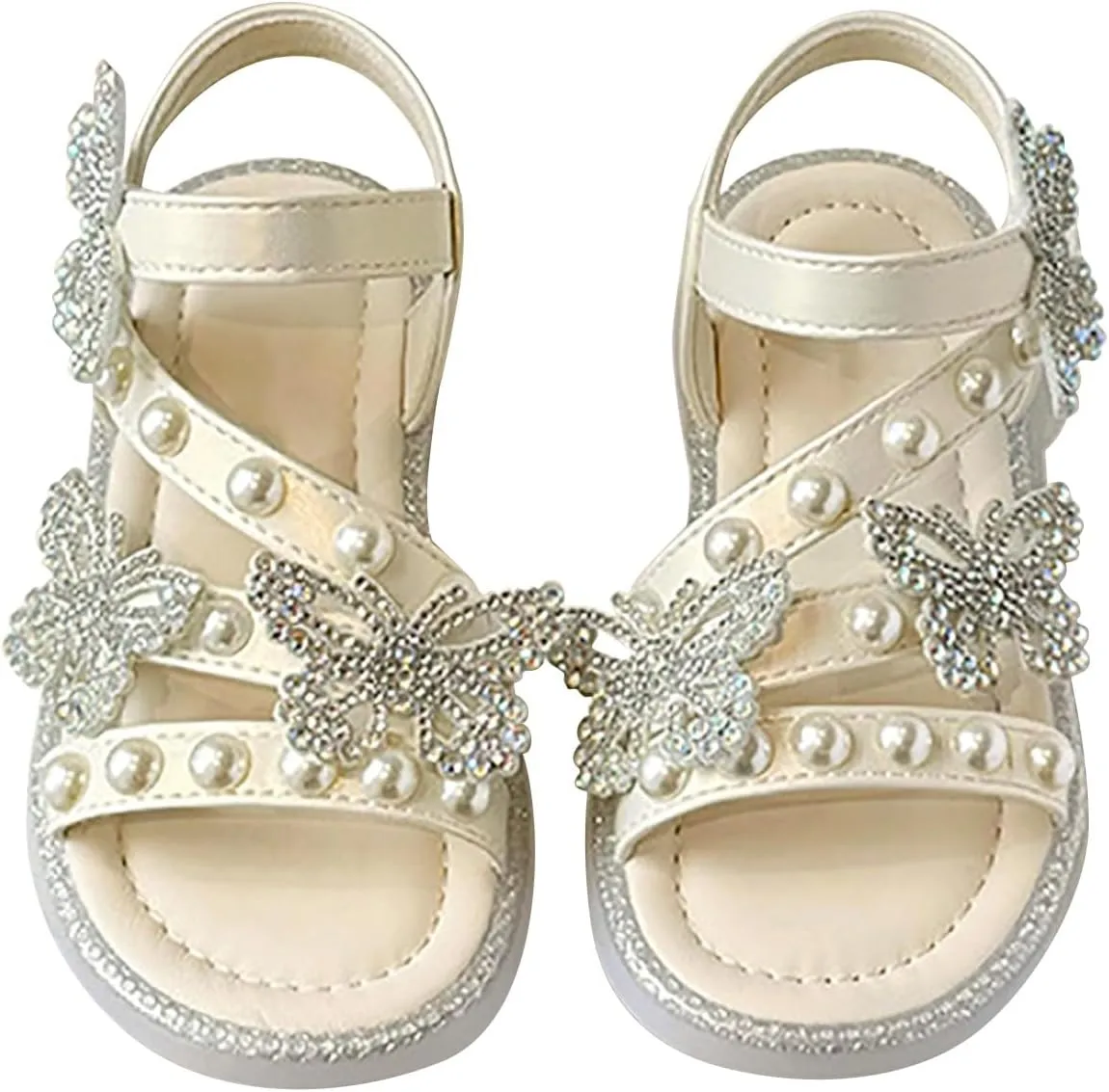 Girls T-Strap Beaded Flower Rhinestone Flats Sandals Cute Butterfly Dress Shoes Pearl Crystal Boho Beach Shoes