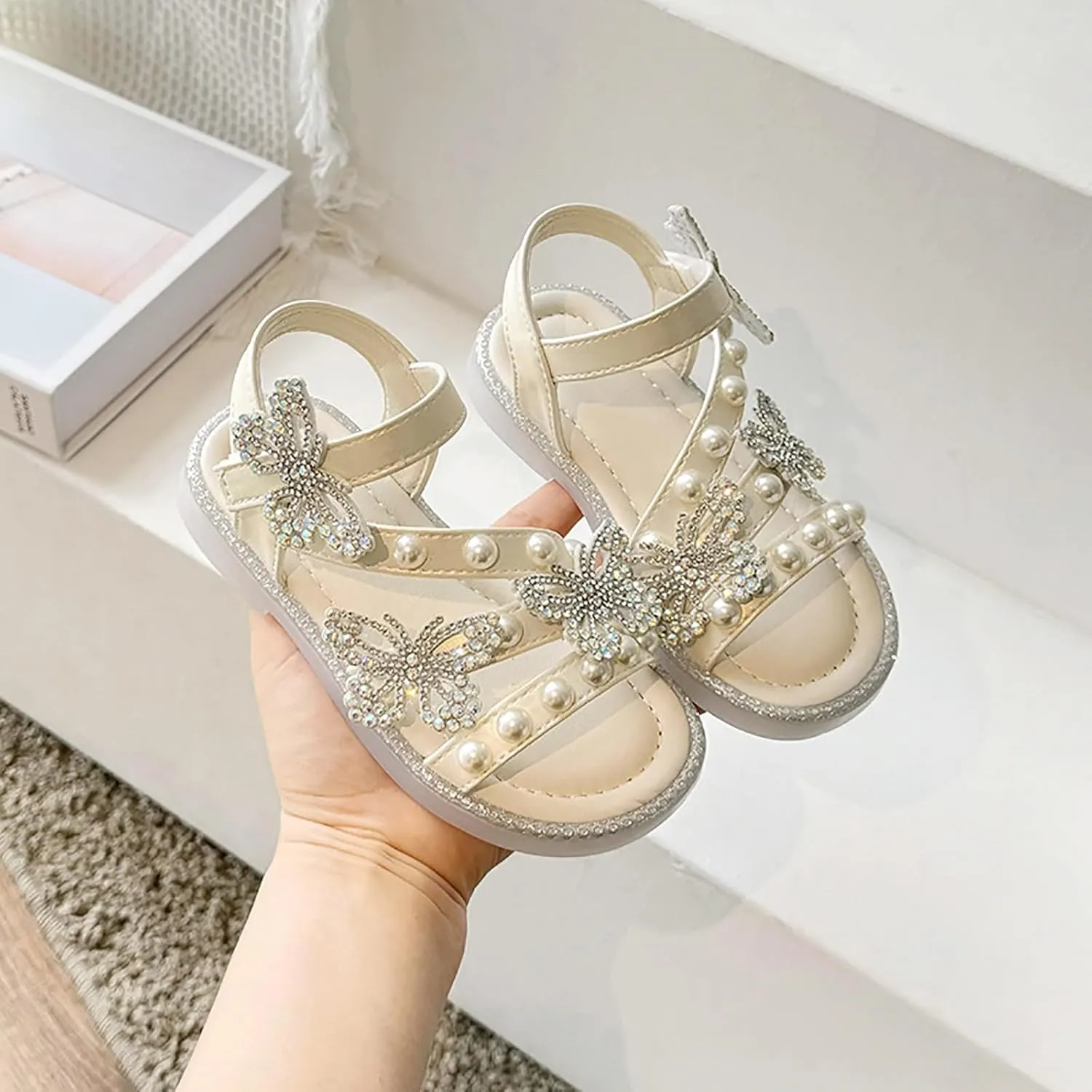 Girls T-Strap Beaded Flower Rhinestone Flats Sandals Cute Butterfly Dress Shoes Pearl Crystal Boho Beach Shoes