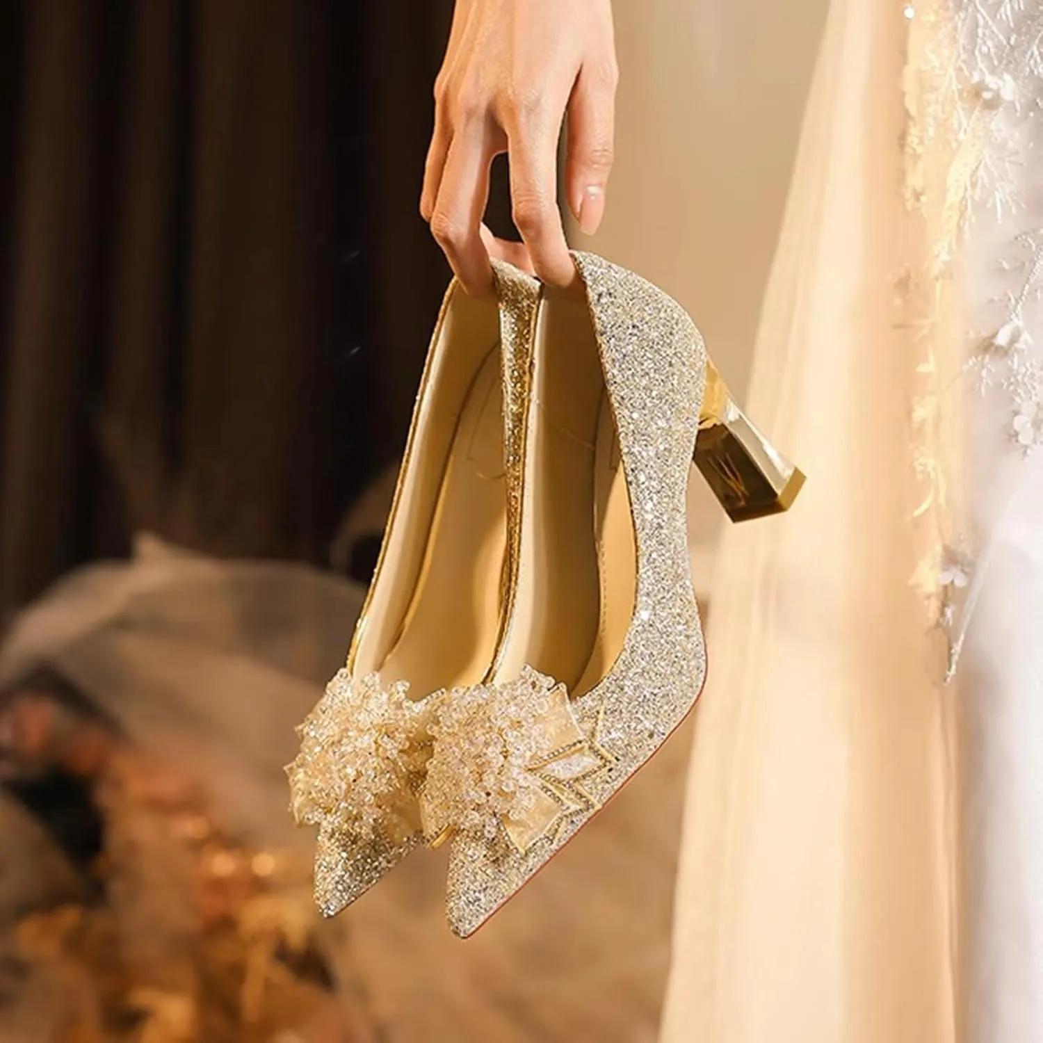 High Heels for Women Pumps Closed Pointed Toe Stiletto Heels Dress Wedding Shoes Comfortable Shiny Heels