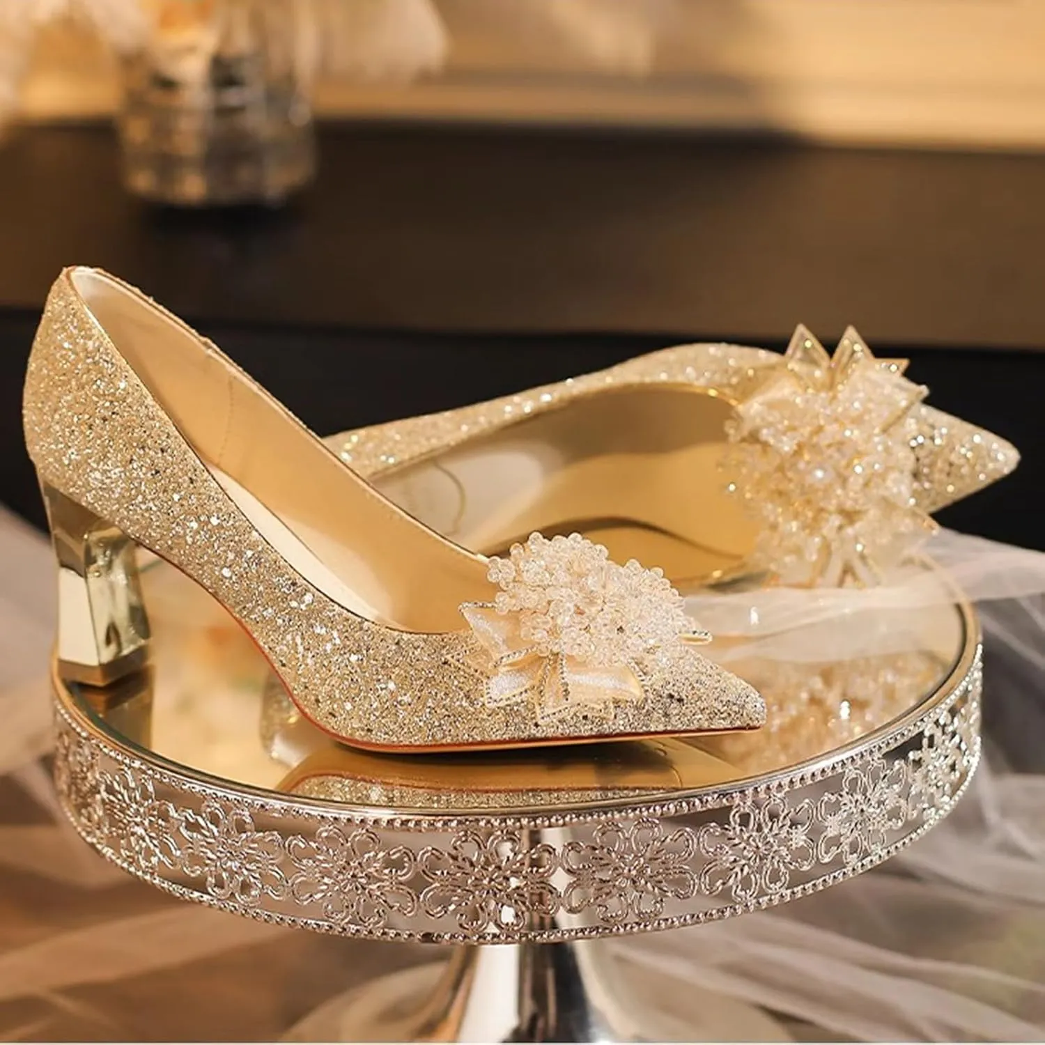 High Heels for Women Pumps Closed Pointed Toe Stiletto Heels Dress Wedding Shoes Comfortable Shiny Heels
