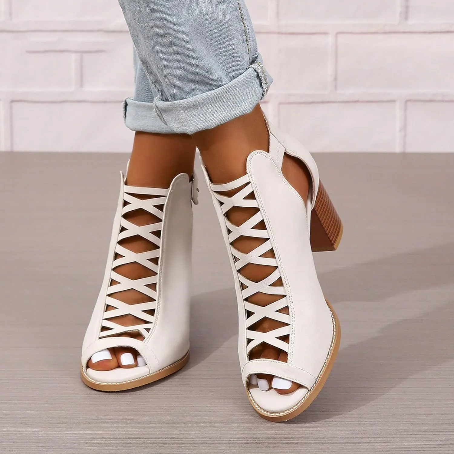 High Heels Pumps Women's Open Toe Booties with Block Heel and Side Comfortable and Stylish Cut Out Design Chunky Heel
