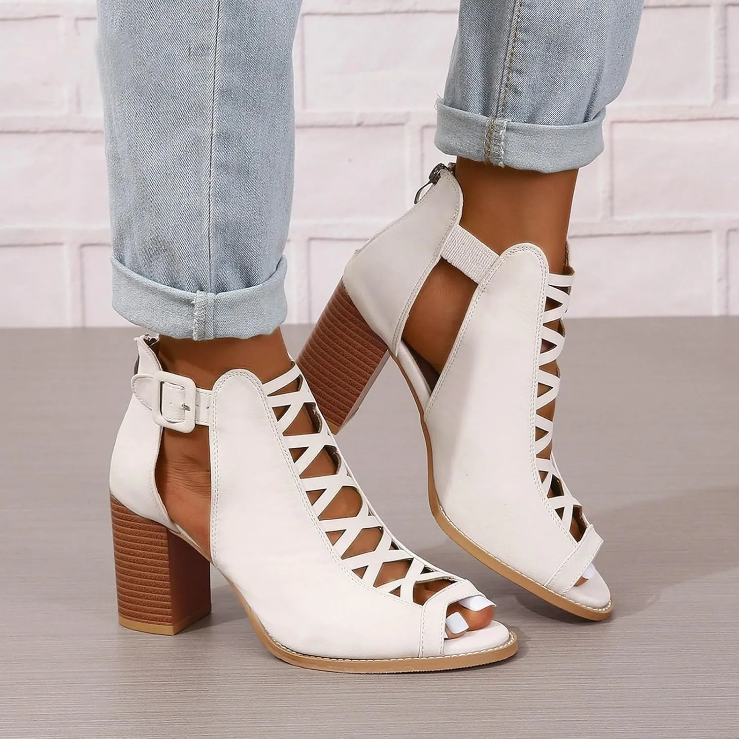 High Heels Pumps Women's Open Toe Booties with Block Heel and Side Comfortable and Stylish Cut Out Design Chunky Heel