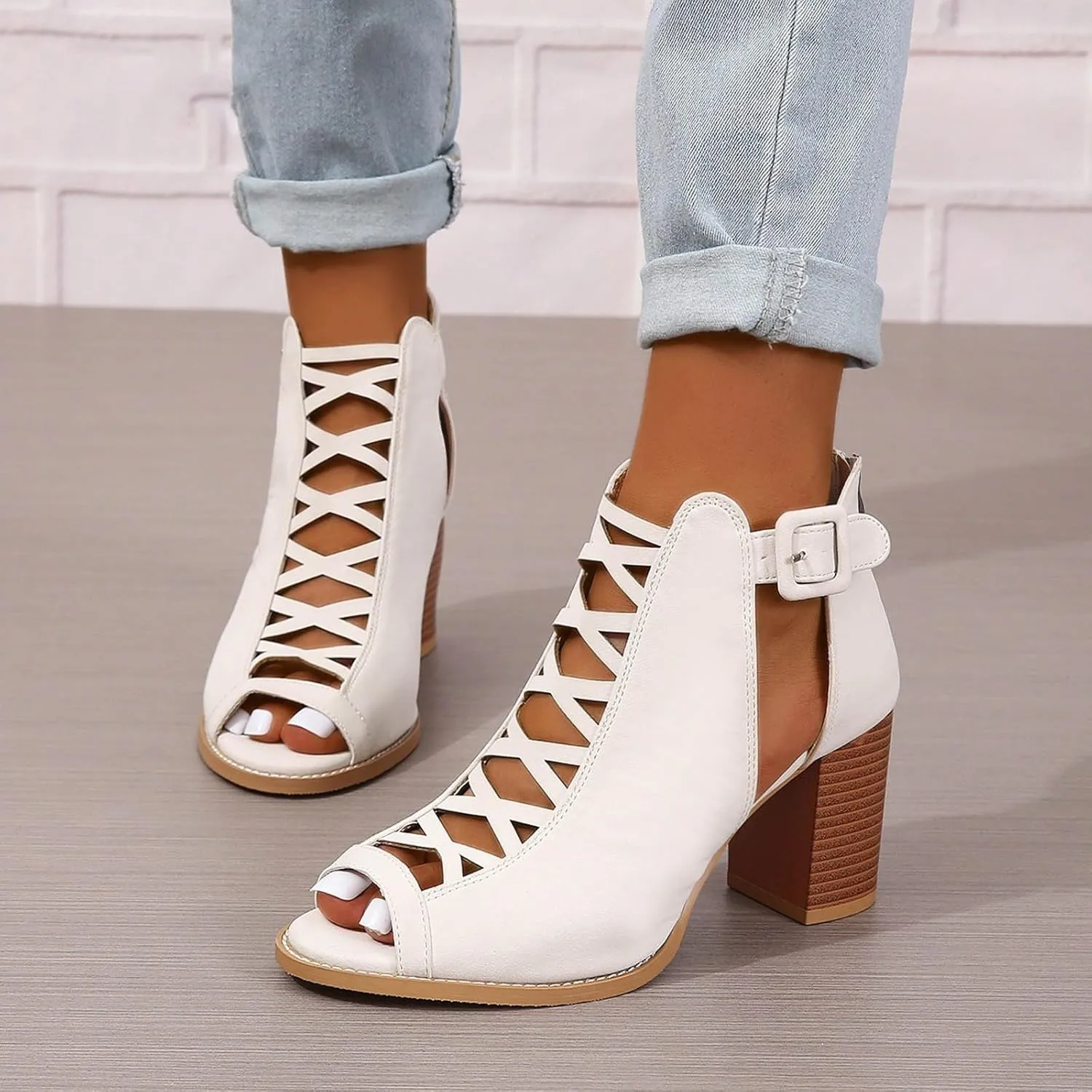 High Heels Pumps Women's Open Toe Booties with Block Heel and Side Comfortable and Stylish Cut Out Design Chunky Heel