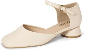 IDIFU Closed Toe Heels for Women Square Toe Low Block Chunky Heeled Pumps with Ankle Strap Buckle for Bride Wedding Comfortable Dressy Short Small Women's Dress Shoes Thick Heels