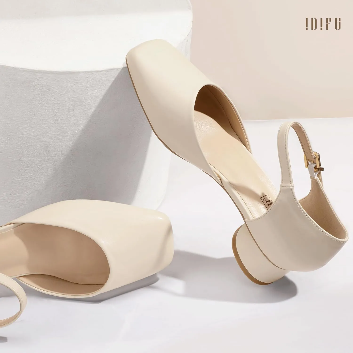 IDIFU Closed Toe Heels for Women Square Toe Low Block Chunky Heeled Pumps with Ankle Strap Buckle for Bride Wedding Comfortable Dressy Short Small Women's Dress Shoes Thick Heels