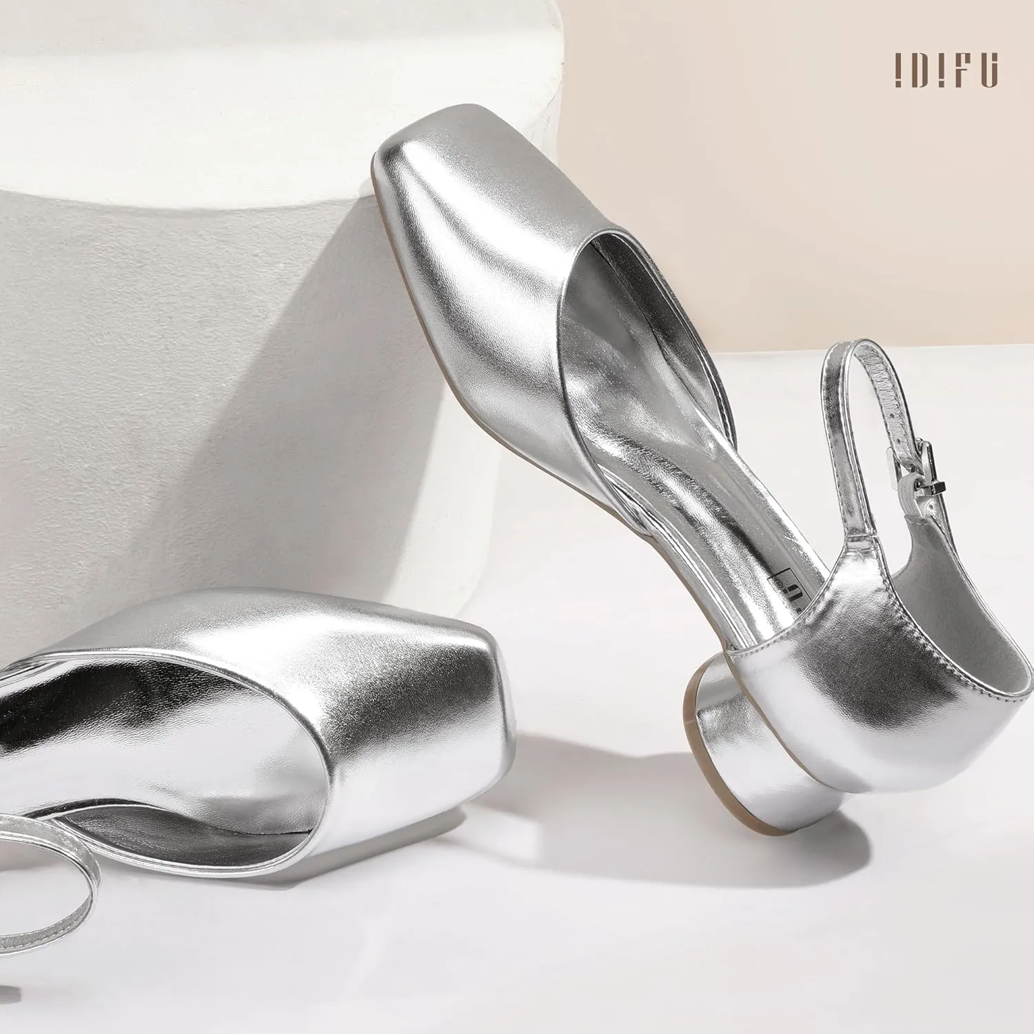 IDIFU Closed Toe Heels for Women Square Toe Low Block Chunky Heeled Pumps with Ankle Strap Buckle for Bride Wedding Comfortable Dressy Short Small Women's Dress Shoes Thick Heels