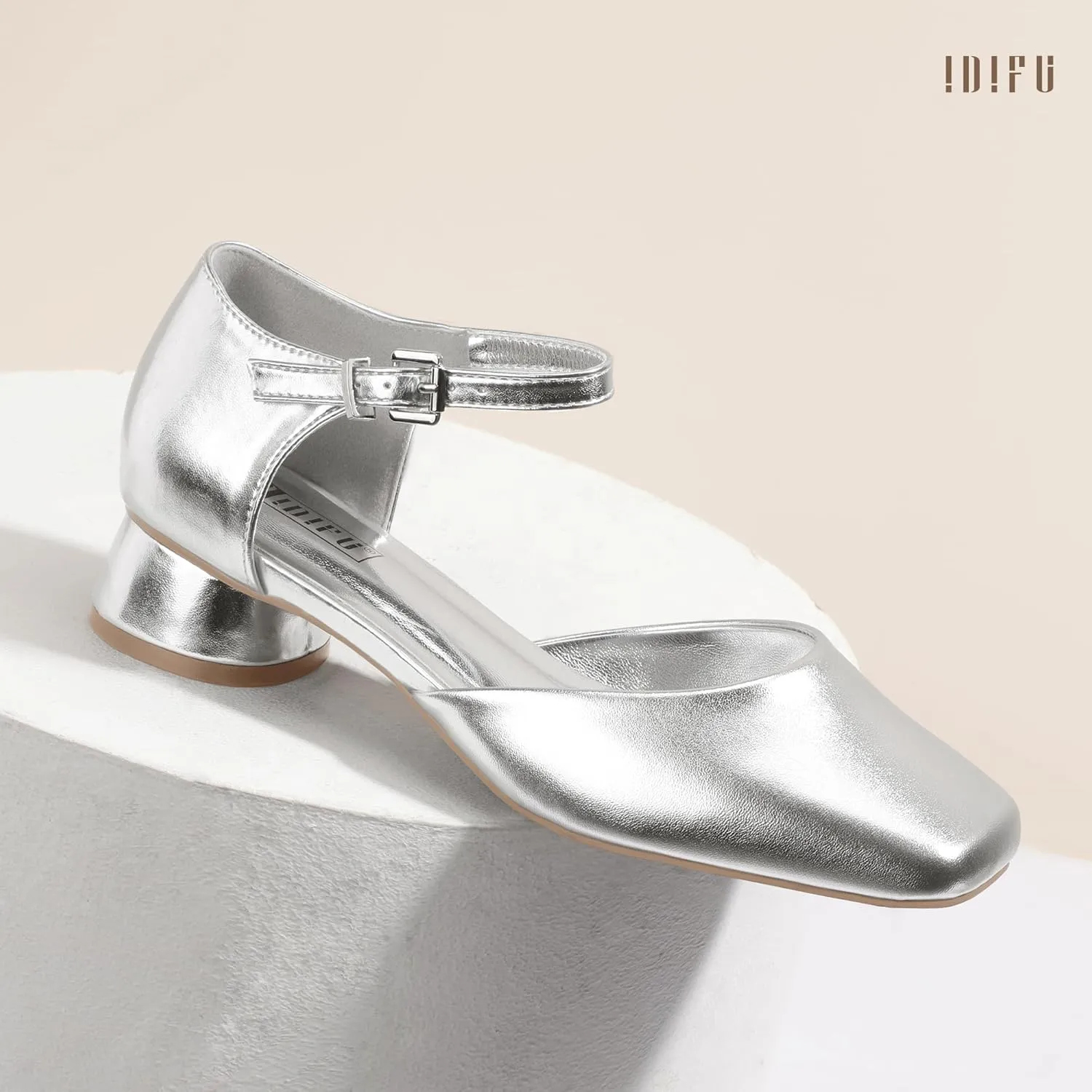 IDIFU Closed Toe Heels for Women Square Toe Low Block Chunky Heeled Pumps with Ankle Strap Buckle for Bride Wedding Comfortable Dressy Short Small Women's Dress Shoes Thick Heels