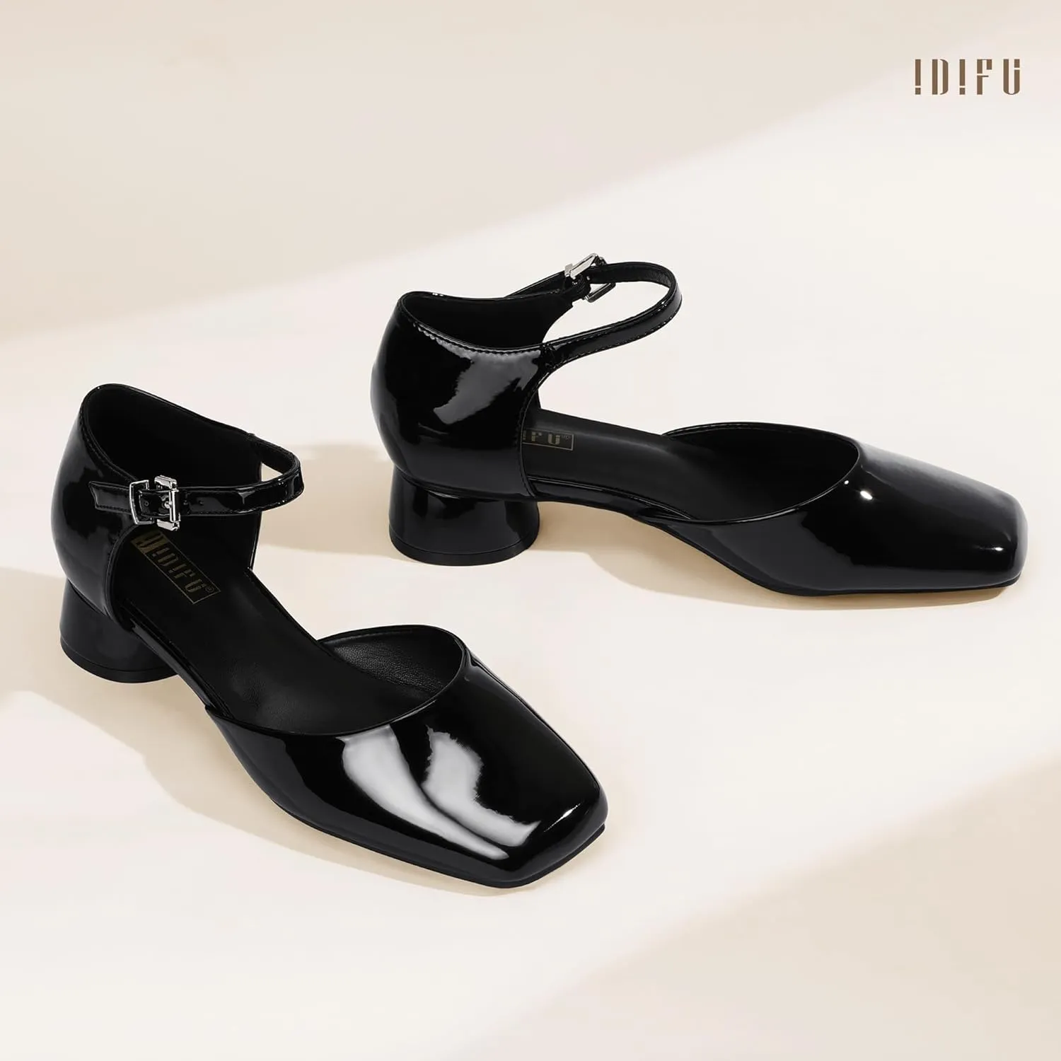 IDIFU Closed Toe Heels for Women Square Toe Low Block Chunky Heeled Pumps with Ankle Strap Buckle for Bride Wedding Comfortable Dressy Short Small Women's Dress Shoes Thick Heels