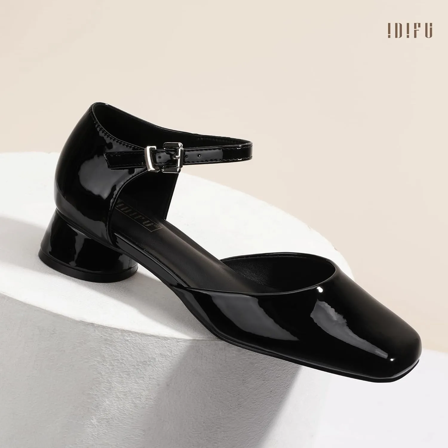 IDIFU Closed Toe Heels for Women Square Toe Low Block Chunky Heeled Pumps with Ankle Strap Buckle for Bride Wedding Comfortable Dressy Short Small Women's Dress Shoes Thick Heels