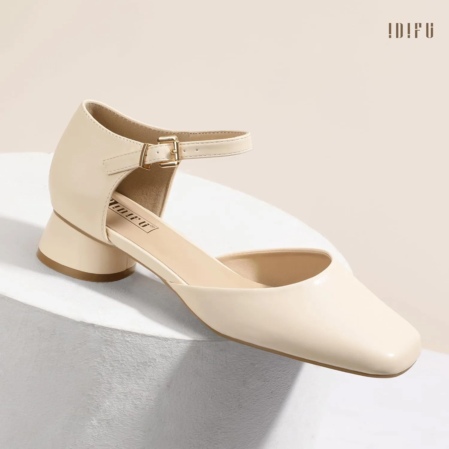 IDIFU Closed Toe Heels for Women Square Toe Low Block Chunky Heeled Pumps with Ankle Strap Buckle for Bride Wedding Comfortable Dressy Short Small Women's Dress Shoes Thick Heels