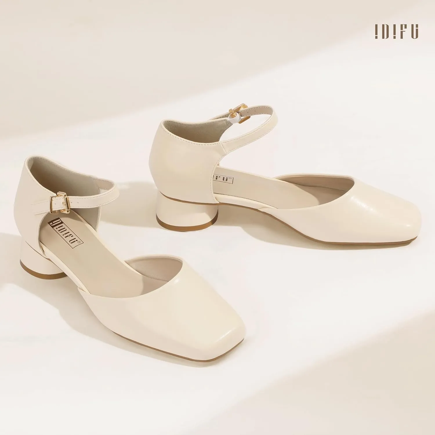 IDIFU Closed Toe Heels for Women Square Toe Low Block Chunky Heeled Pumps with Ankle Strap Buckle for Bride Wedding Comfortable Dressy Short Small Women's Dress Shoes Thick Heels