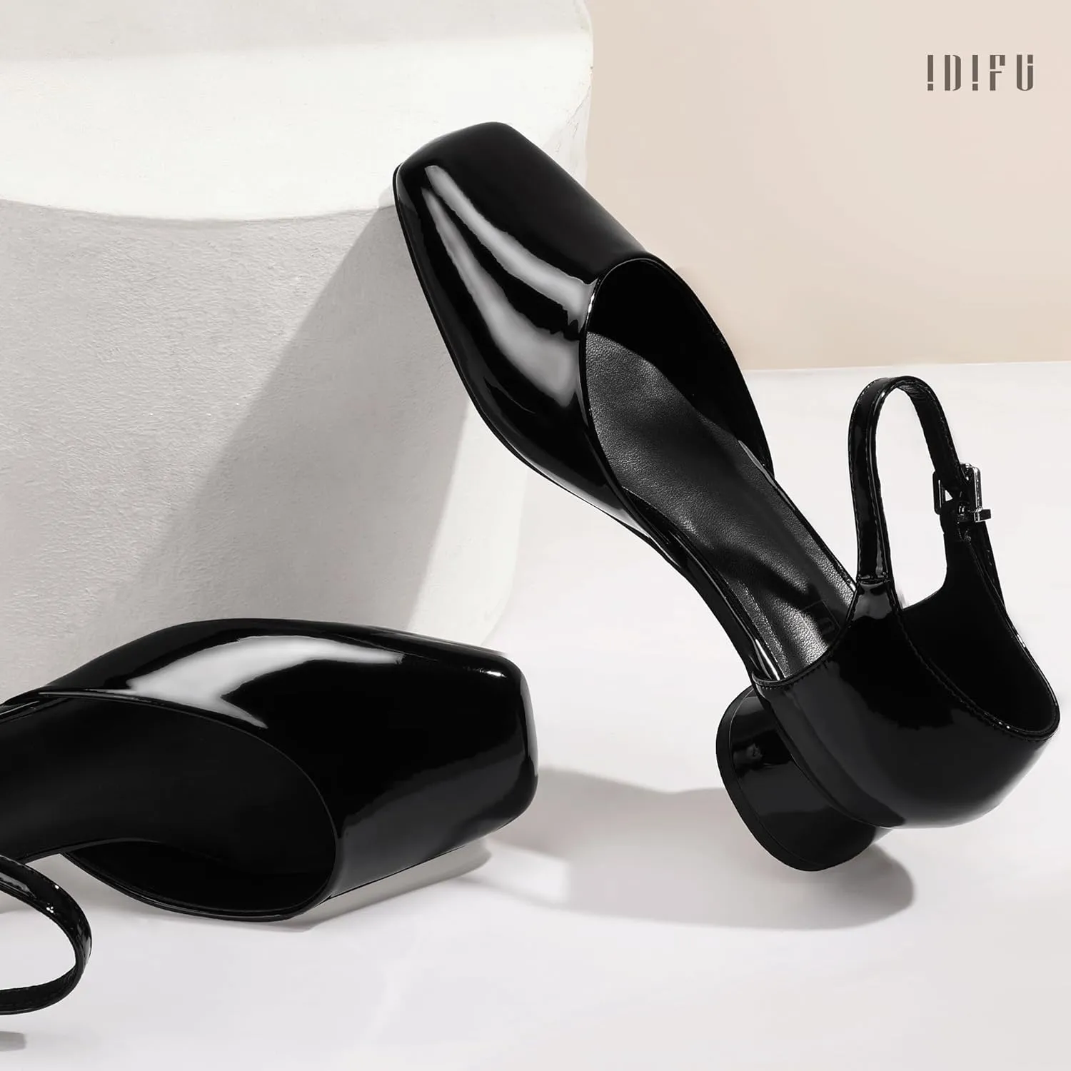 IDIFU Closed Toe Heels for Women Square Toe Low Block Chunky Heeled Pumps with Ankle Strap Buckle for Bride Wedding Comfortable Dressy Short Small Women's Dress Shoes Thick Heels