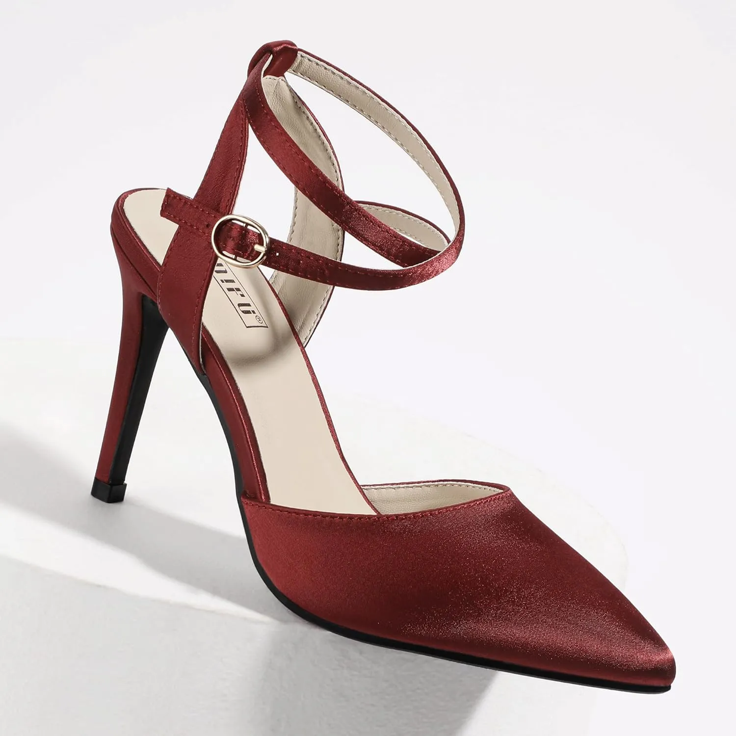 IDIFU IN4 High Heels Women's Pumps Strappy Stiletto Slingback Closed Pointed Toe Ankle Strap Satin Dress Shoes for Women Dressy Comfortable Wedding Bridal Office Formal Pumps Shoes